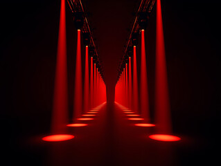 Dramatic Red Spotlight Runway Showcases Futuristic Fashion Designs Under Intense Stage Lighting