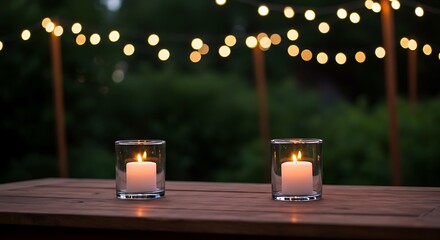 A romantic outdoor scene showing two candles glowing on a patio table against a soft, dark background