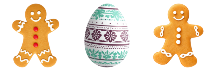 Whimsical Easter display: gingerbread men flanking a decorative egg, all joyfully arranged on transparent background