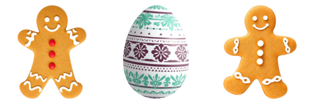 Whimsical Easter display: gingerbread men flanking a decorative egg, all joyfully arranged on transparent background