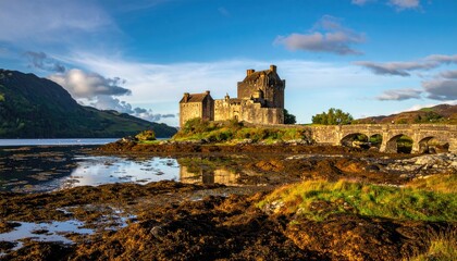 Fototapeta premium Picturesque Scottish castle on an island, reflected in calm waters at golden hour