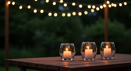 A romantic outdoor scene showing two candles glowing on a patio table against a soft, dark background