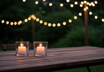 A romantic outdoor scene showing two candles glowing on a patio table against a soft, dark background