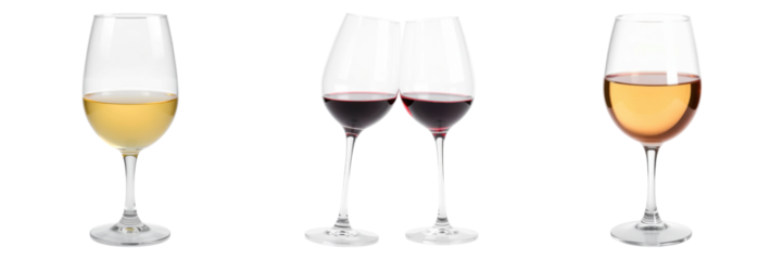 Elegant wine glasses assortment showcasing red, white, and rosé wines on transparent background
