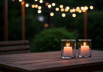 A romantic outdoor scene showing two candles glowing on a patio table against a soft, dark background