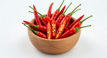Red chili peppers arranged in a small wooden bowl, clean white background.