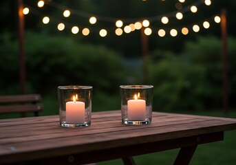 A romantic outdoor scene showing two candles glowing on a patio table against a soft, dark background