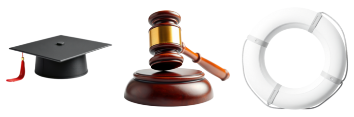 Visualizing Legal Education and Support: Gavel, Cap, and Lifebuoy on transparent background
