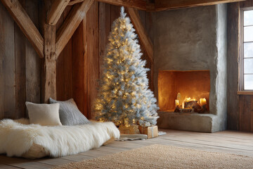 beautifully decorated christmas tree stands elegantly in cozy living room beside warm fireplace