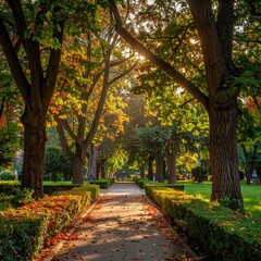 Autumnal park path bathed in sunlight