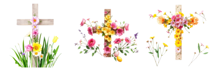 Floral Easter Cross Collection with Pastel Flowers and Eggs in Springtime on transparent background