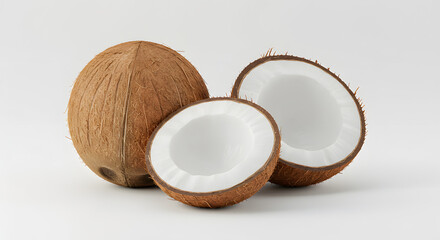 A whole coconut and two halves of a coconut are displayed against a white background.