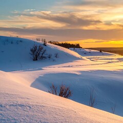 Snowy hill landscape at golden sunset