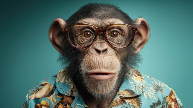 Close Up Portrait of a Chimpanzee Wearing Glasses with Blue and Brown Patterned Shirt in Front of Blue Background