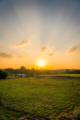 Sunset or sunrise over lush green field with a dramatic cloudy sky. Evening meadow or agricultural grass with sunlight. Countryside. Rural landscape. Farm