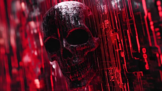 Digital skull with red circuitry background effects