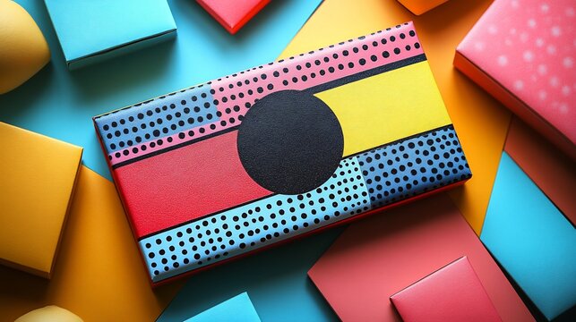 Modern wedding invitation card designed with geometric shapes and vibrant colors perfect for a contemporary celebration Text is bold and stylish featuring the couple's names prominently