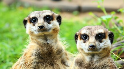 Two Meerkats Sitting on Green Grass in Natural Habitat