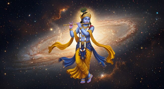 Khrisna play flute with cosmic galaxy, made by Ai