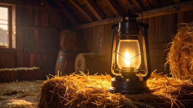 Rustic Barn Interior: Lantern Glows on Hay Bale