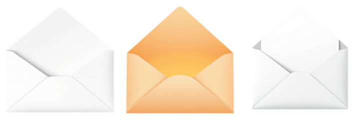 Three open envelopes, white and orange, communication themed icons, isolated on transparent background