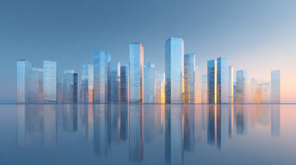 Fototapeta premium 朝焼けに映る未来都市の高層ビル群と水面の反射