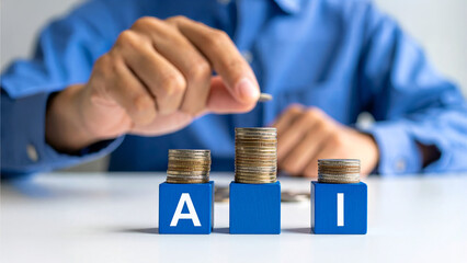 Person stacking coins on top of blocks spelling A I, symbolizing investment and growth