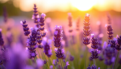 Fototapeta premium Soft focus of lavender buds in bloom, warm golden hour sunlight