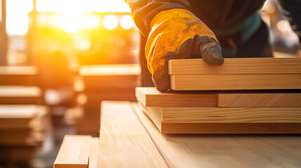Carpenter stacks prepared wooden planks, golden sunlight adds a warm glow to the woodwork. Gloves protect hands during careful handling.