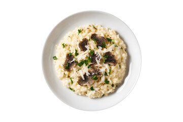 Truffle risotto with parmesan and fresh herbs on a white plate, isolated on transparent background