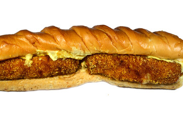 Two pieces of chicken wrapped in rolls stuffed with mozzarella, potatoes, mayonnaise and coleslaw, in a bun, chicken rolls sandwich