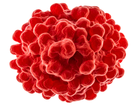 red virus particle 3d illustration with knobby surface texture, medical science concept on isolated background