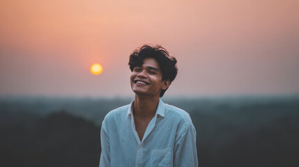 cheerful man laughing heartily against stunning sunset backdrop immersed in nature beauty