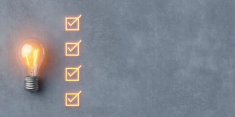 Glowing light bulb next to glowing checklist on textured gray background symbolizes creativity, innovation, productivity, goal achievement, business success and organization
