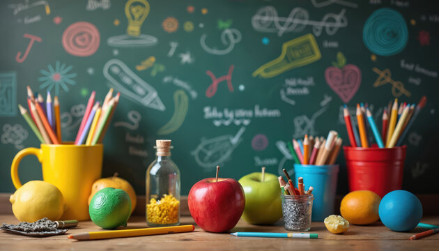 Teacher Appreciation Day scene with colorful chalkboard doodles. School supplies like pencils, apples, lemons, and oranges arranged on wooden desk. Celebrating educators and learning environment.