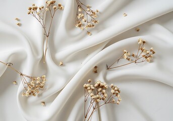 A simple and elegant flat lay of delicate dried flowers scattered on a rippling white satin fabric