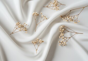 A simple and elegant flat lay of delicate dried flowers scattered on a rippling white satin fabric