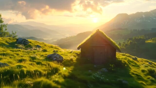 Rustic Cabin on Hillside at Sunset in Mountain Landscape