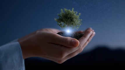 A conceptual image of environmental protection, with a hand holding a small, glowing tree in a digital landscape.