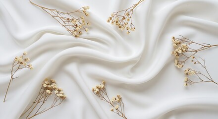 A simple and elegant flat lay of delicate dried flowers scattered on a rippling white satin fabric