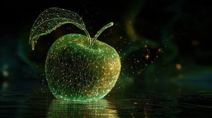 Glowing enchanted green apple with intricate patterns on dark background