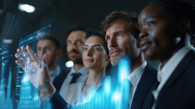 A diverse group of business professionals in a modern office, interacting with a holographic chart that visualizes complex data and AI concepts.