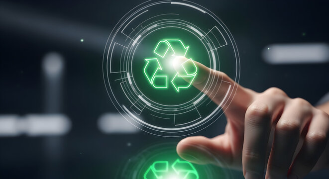 Future of sustainability: touching green recycle icon on futuristic interface