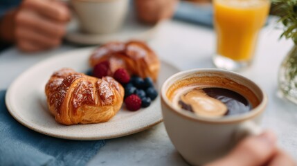 Friends enjoying a weekend brunch at a trendy coffee with coffee and pastries