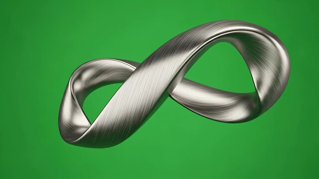 A brushed metal mobius strip against a vibrant green background