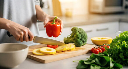 Woman's hands chopping fresh bell pepper and broccoli for a healthy meal in a bright kitchen. Focus on nutritious home cooking and balanced eating habits.