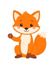 A cheerful, cartoon fox character with bright orange fur and a friendly expression sits and waves.