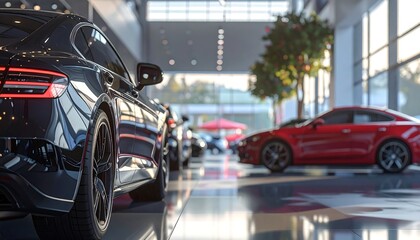 Obraz premium Modern vehicles displayed in a bright and spacious car dealership showroom.
