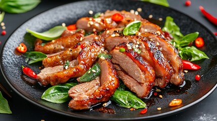 Fototapeta premium Crispy fried duck meat on a plate basil vegetables