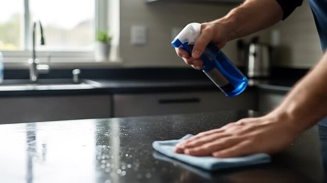 Person cleaning kitchen counter with spray bottle